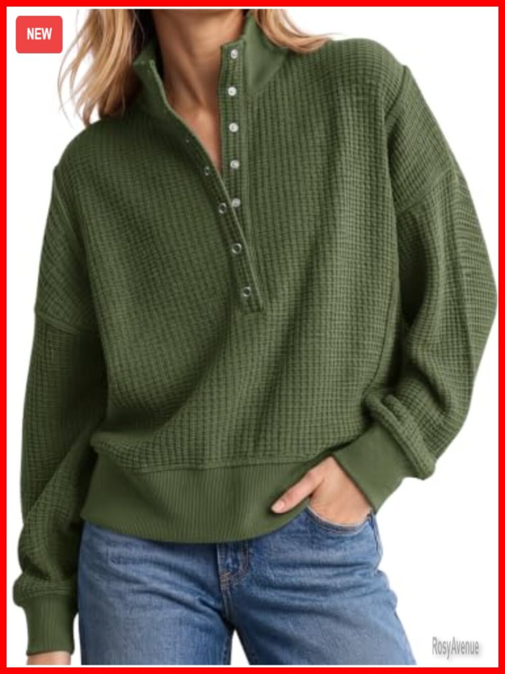 Waffle Knit Oversized Button Henley Pullover Long Sleeve Tunic Top